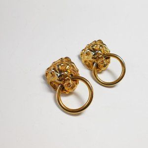 Lion Door Knocker Gold Tone Clip Earrings c. 80